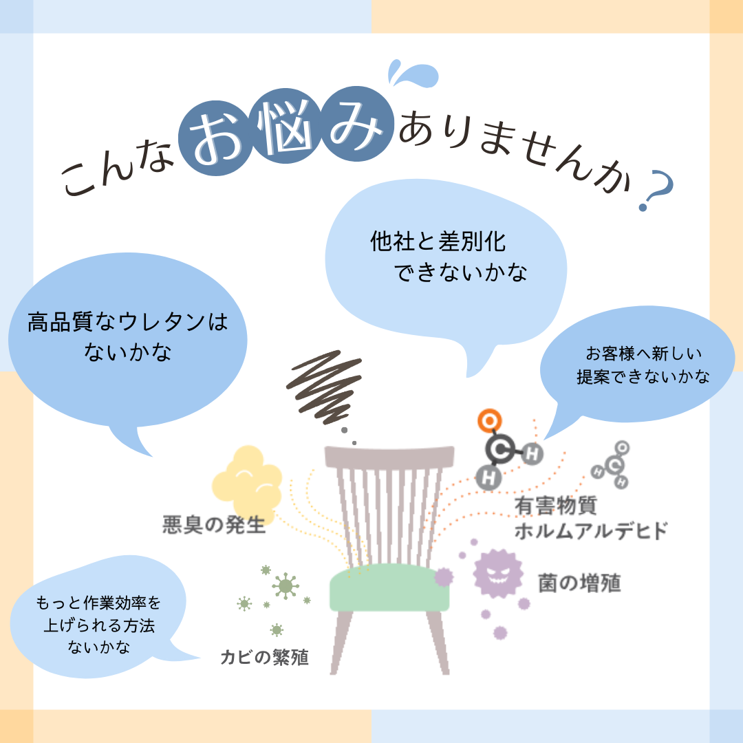 「こんなお悩みありませんか？」という問いかけとともに、高品質なウレタン、他社との差別化、作業効率の向上などのニーズを示す画像。