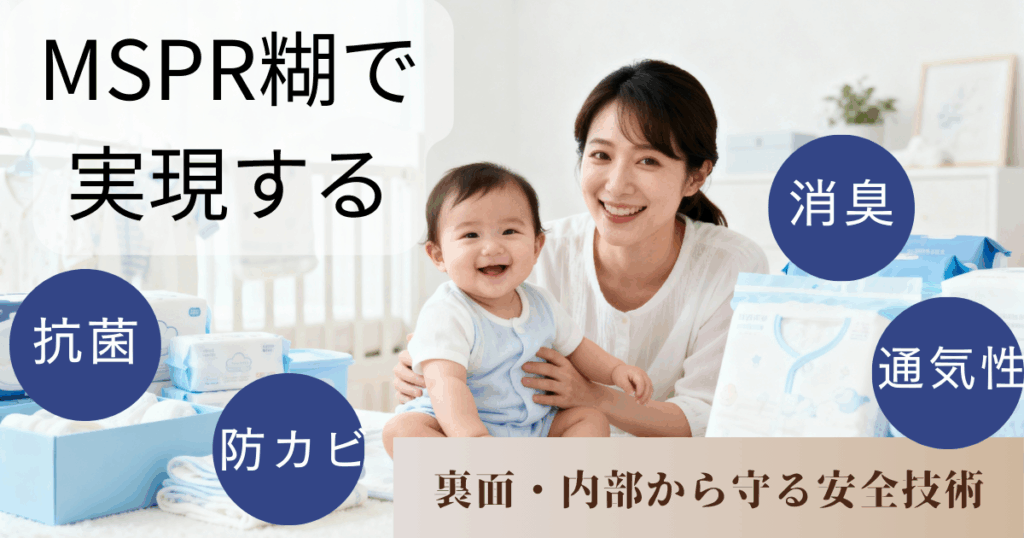 MSPR糊で衛生機能を付与したベビー用品のイメージ（通気性・清潔・快適）